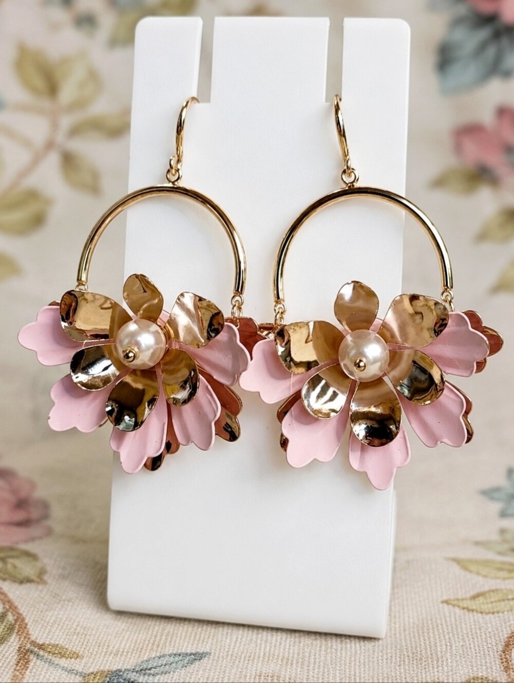 Pink Enamel Painted Faux Pearl Gold Tone Pierced Fish Hook Hoop Earrings *FLAW*